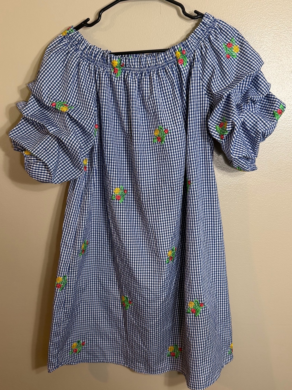Love J Gingham Floral Embroidered Ruffle Sleeve Dress M